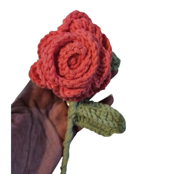 Hand Crafted Soft Red Crochet Rose Faux Floral Shelf Decor Hand Knit Crochet Art - Picture 5 of 17
